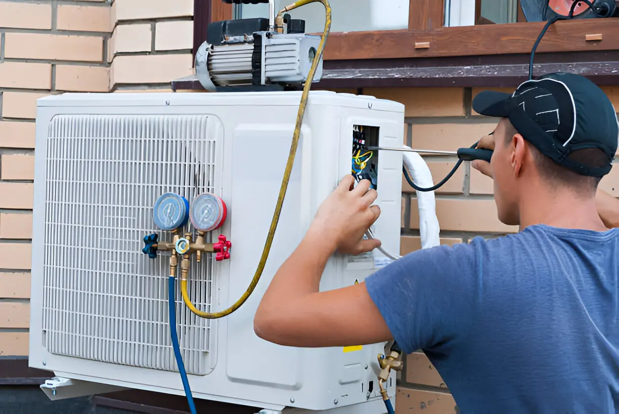 Home 11 Technician performing emergency ac repair on residential unit in Palmetto, FL